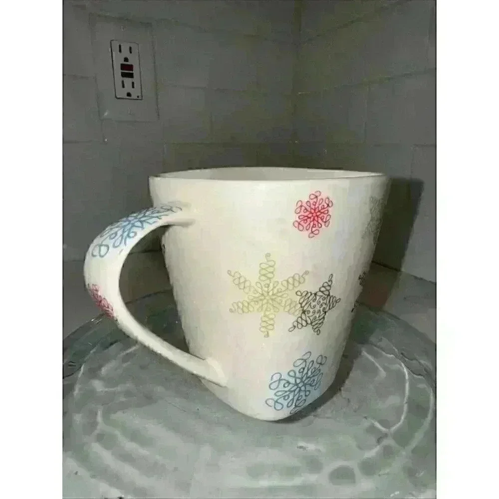 Starbucks 2005 Whimsical Holiday Square Coffee Mug Cup Snowflakes Stars 10 Oz